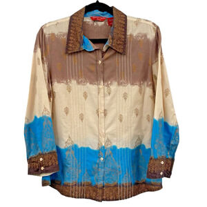 Quizz Again Floral Top Womens L 100% Cotton Bohemian Button Up 3/4 Sleeves-India